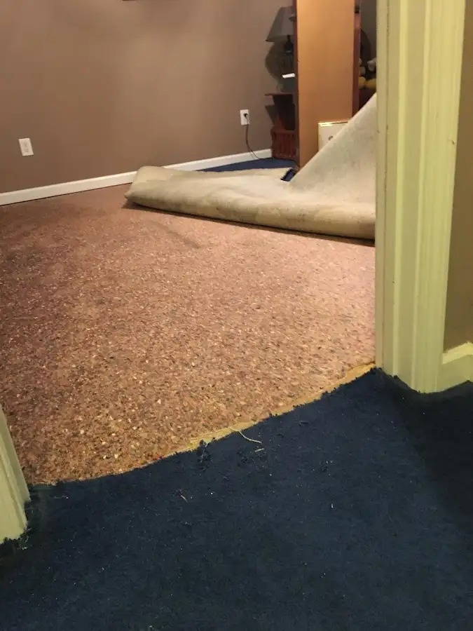 Carpet pad removal revealing water damage during Water Mitigation Services in Sleepy Hollow